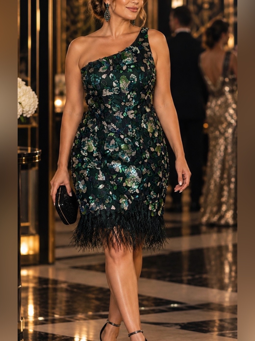 One-Shoulder Black and Dark Green Sequin Cocktail Dress with Feather Hem